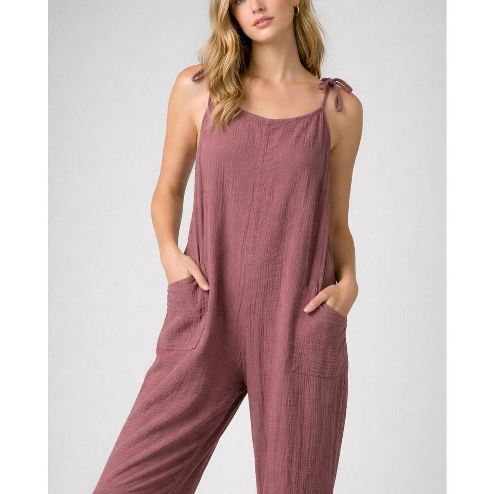 Bobi Jumpsuit Women's Mauve Cotton Gauze Wide Leg Sleeveless Tie Strap Sz Small